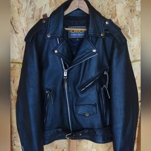 Black Leather Belted Motorcycle Jacket Men's 46 Large